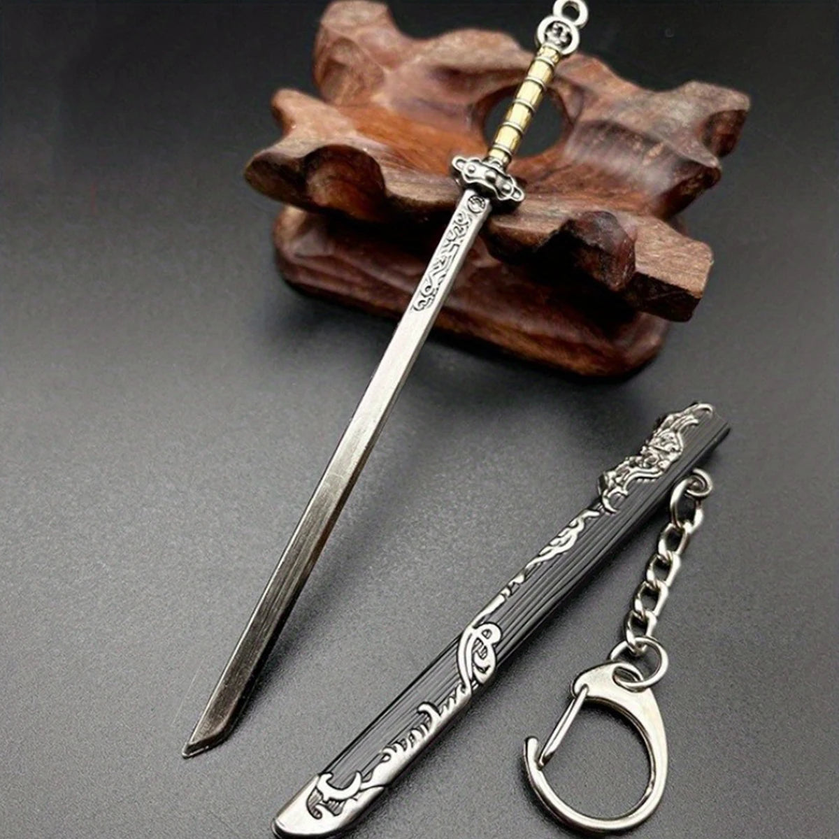 Mini Sword With Sheath China Ancient Sword Keychain Zinc Alloy Tang Hengdao Han Sword Weapon Model Keyring Cosplay Accessories