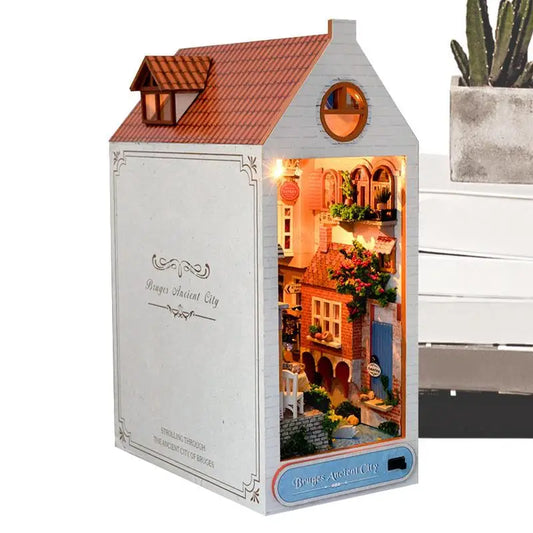 Miniature Cabin Kit Wooden Bookend Kits With LED Lights Artistic Sense Craft Decoration For Study Room Kids Room Bedroom Living