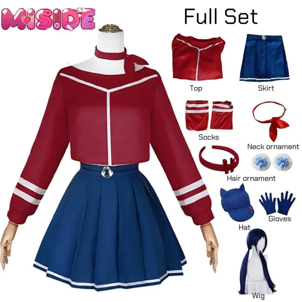 Mita Mira Cosplay School Uniform – MiSide Yandere JK Set for Girls & Women - Costume 9Pcs and Wig / XS