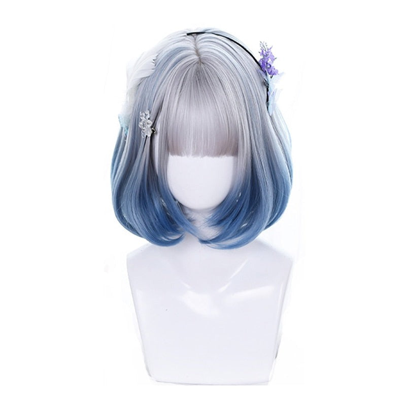 Mixed Blue Bob Lolita Wigs with Bangs Short Harajuku Cosplay Wig Pink Wig Heat Resistant Synthetic Hair Party