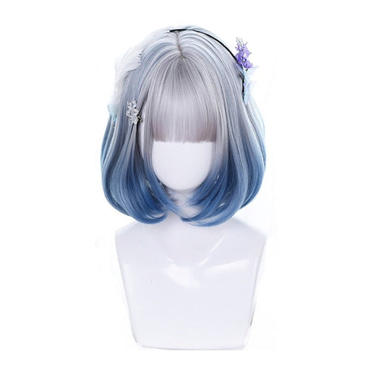 Mixed Blue Bob Lolita Wigs with Bangs Short Harajuku Cosplay Wig Pink Wig Heat Resistant Synthetic Hair Party