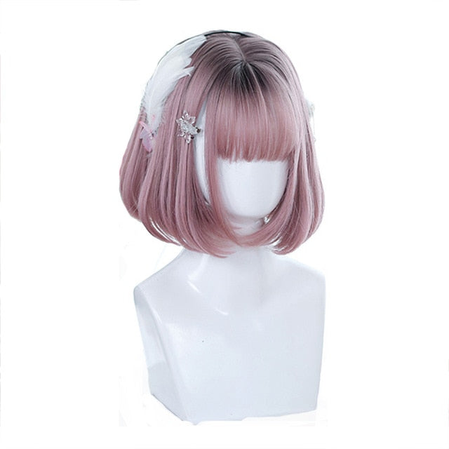 Mixed Blue Bob Lolita Wigs with Bangs Short Harajuku Cosplay Wig Pink Wig Heat Resistant Synthetic Hair Party