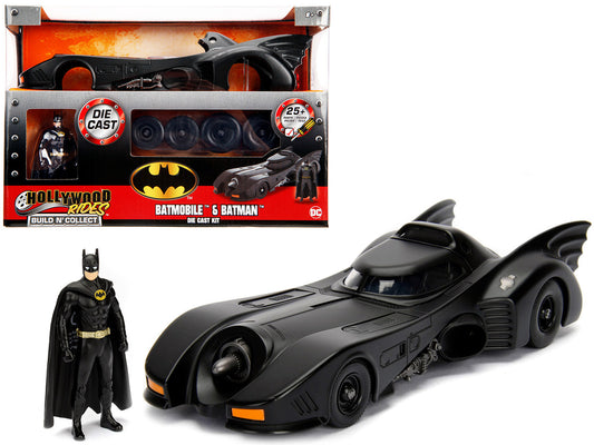 Model Kit Batmobile Matt Black with Batman Diecast Figurine "Batman" (1989) Movie "Build N' Collect" 1/24 Diecast Model Car by Jada