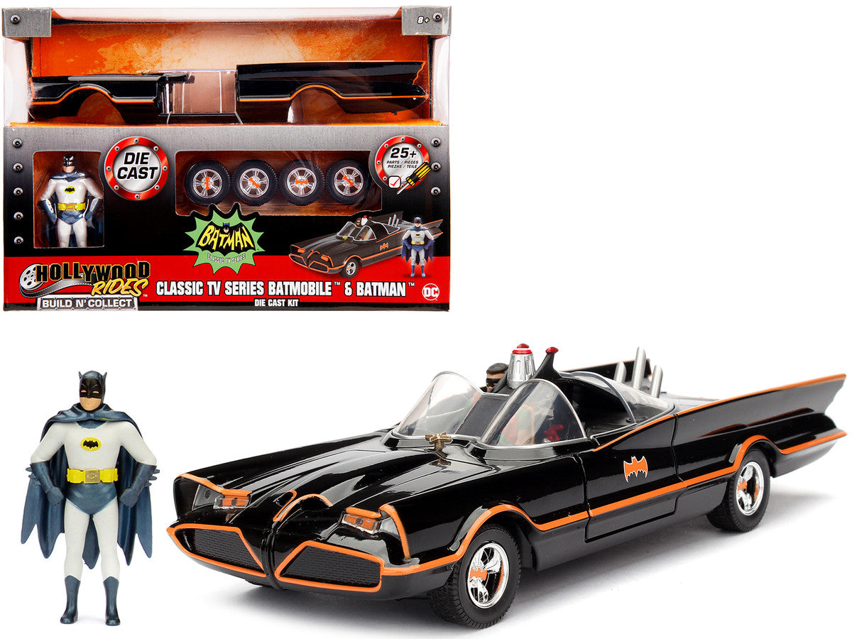 Model Kit Classic Batmobile Black with Batman Diecast Figure "Batman" (1966-1968) TV Series "Build N' Collect" 1/24 Diecast Model Car by Jada