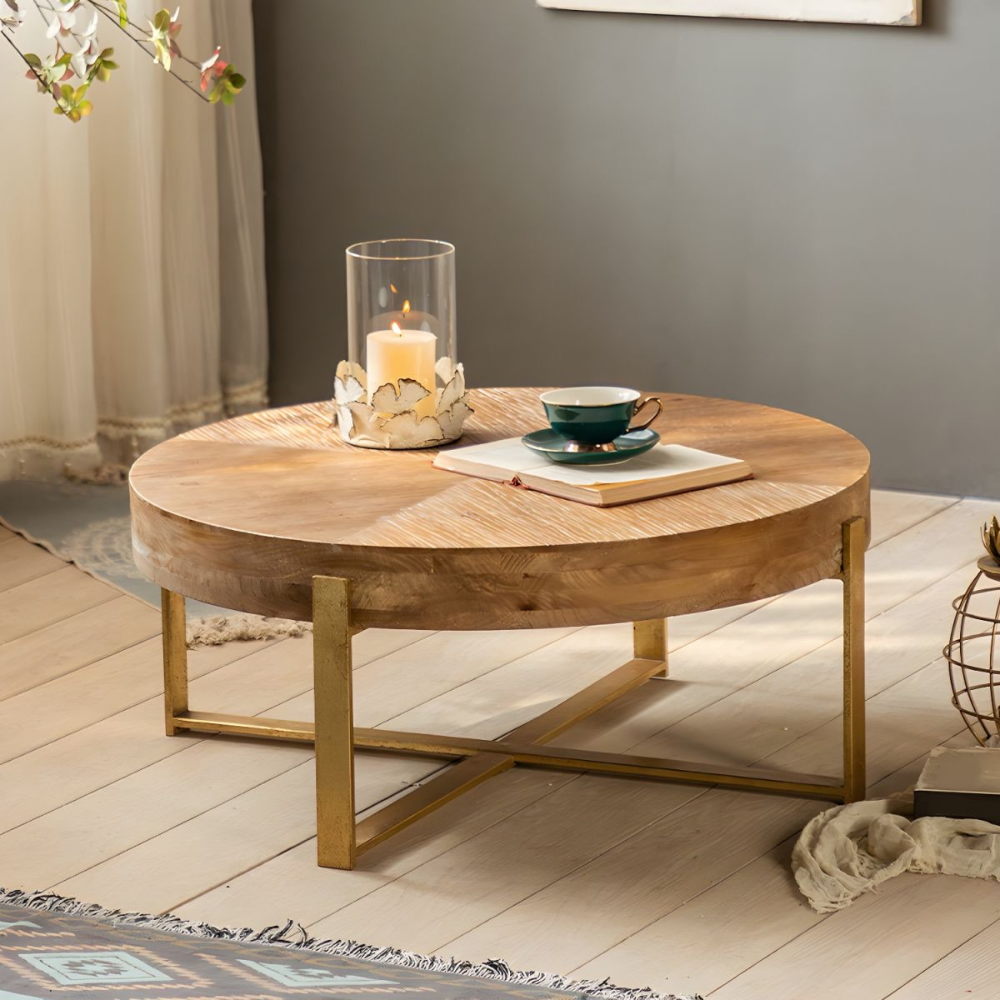 Modern Retro Coffee Table with Fir Wood Top and Gold Cross Legs