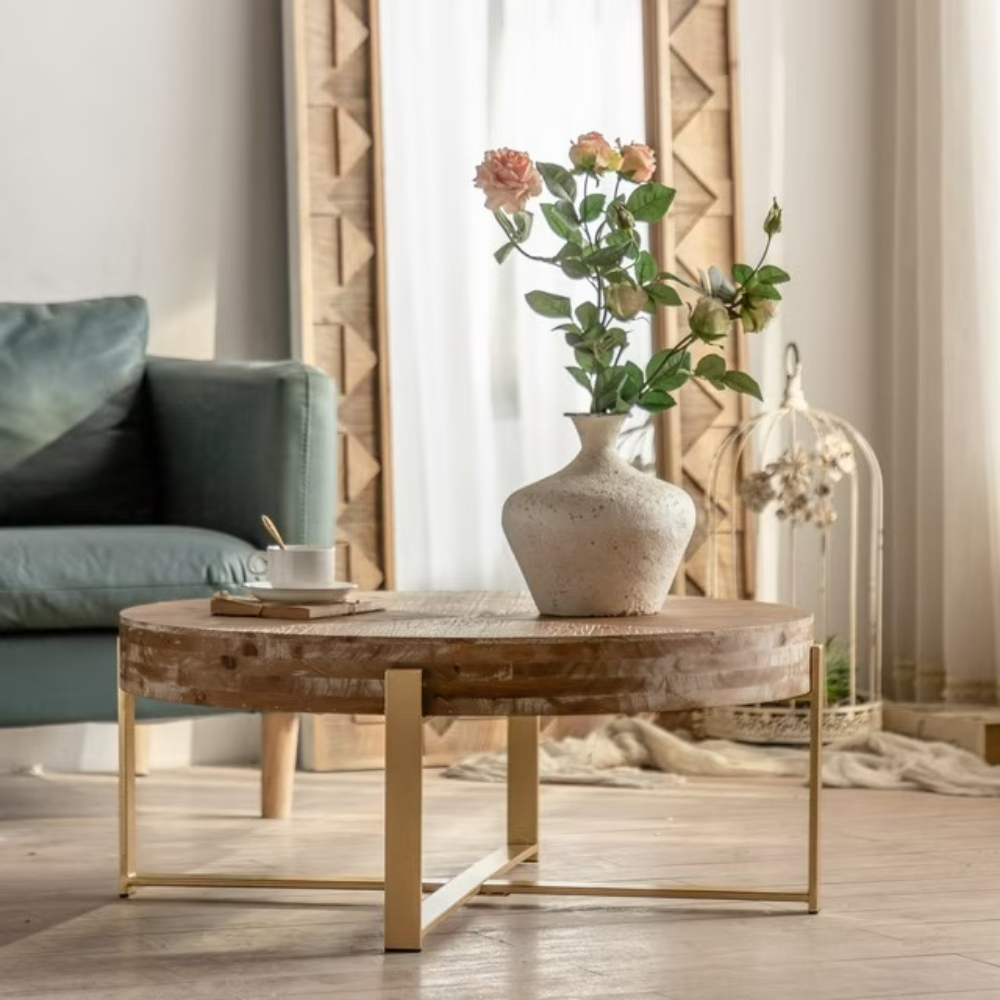 Modern Retro Coffee Table with Fir Wood Top and Gold Cross Legs