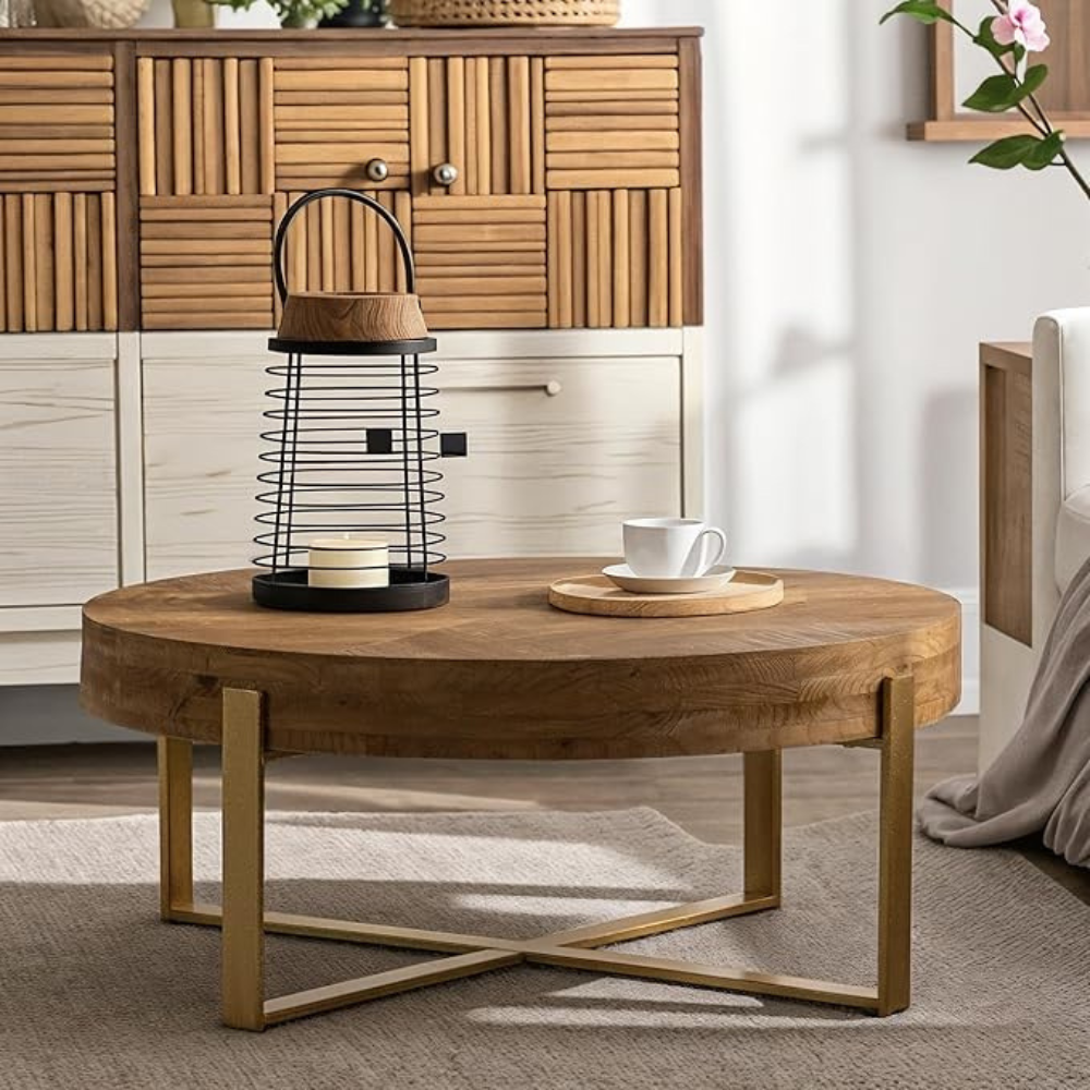 Modern Retro Coffee Table with Fir Wood Top and Gold Cross Legs