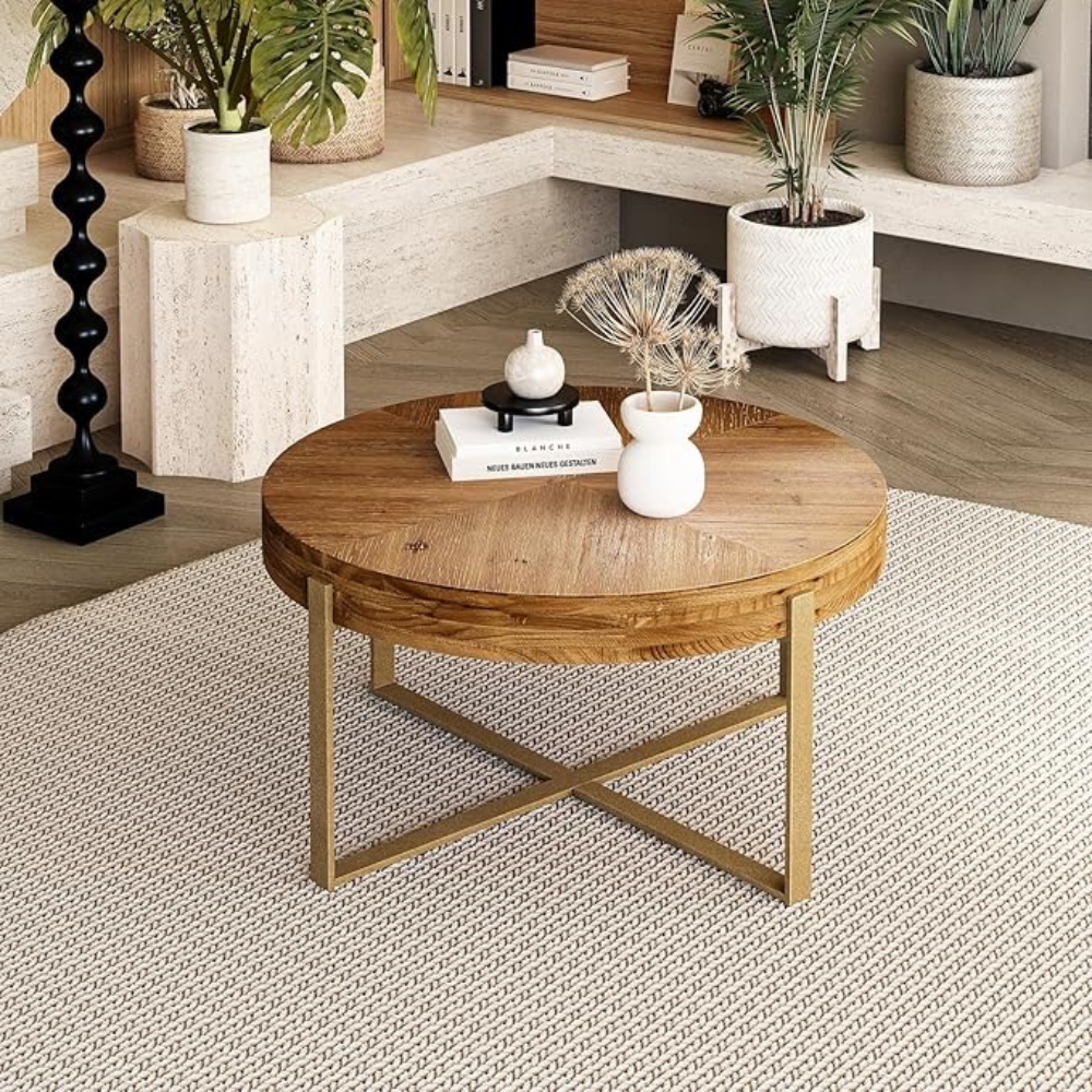 Modern Retro Coffee Table with Fir Wood Top and Gold Cross Legs