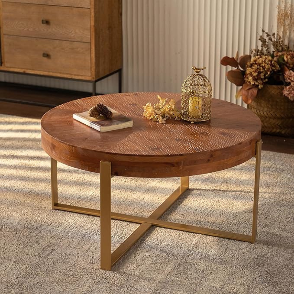 Modern Retro Coffee Table with Fir Wood Top and Gold Cross Legs