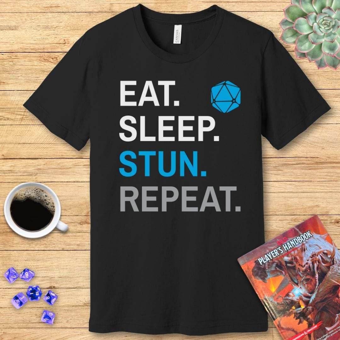 Monk Class T-Shirt – 'Eat, Sleep, Stun, Repeat' - Navy / S