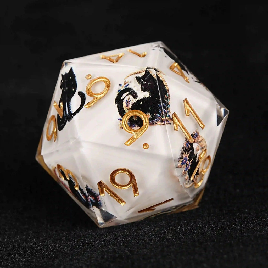 Moon Night Shadow Cat Guardian Unusual White Resin DnD Dice Set