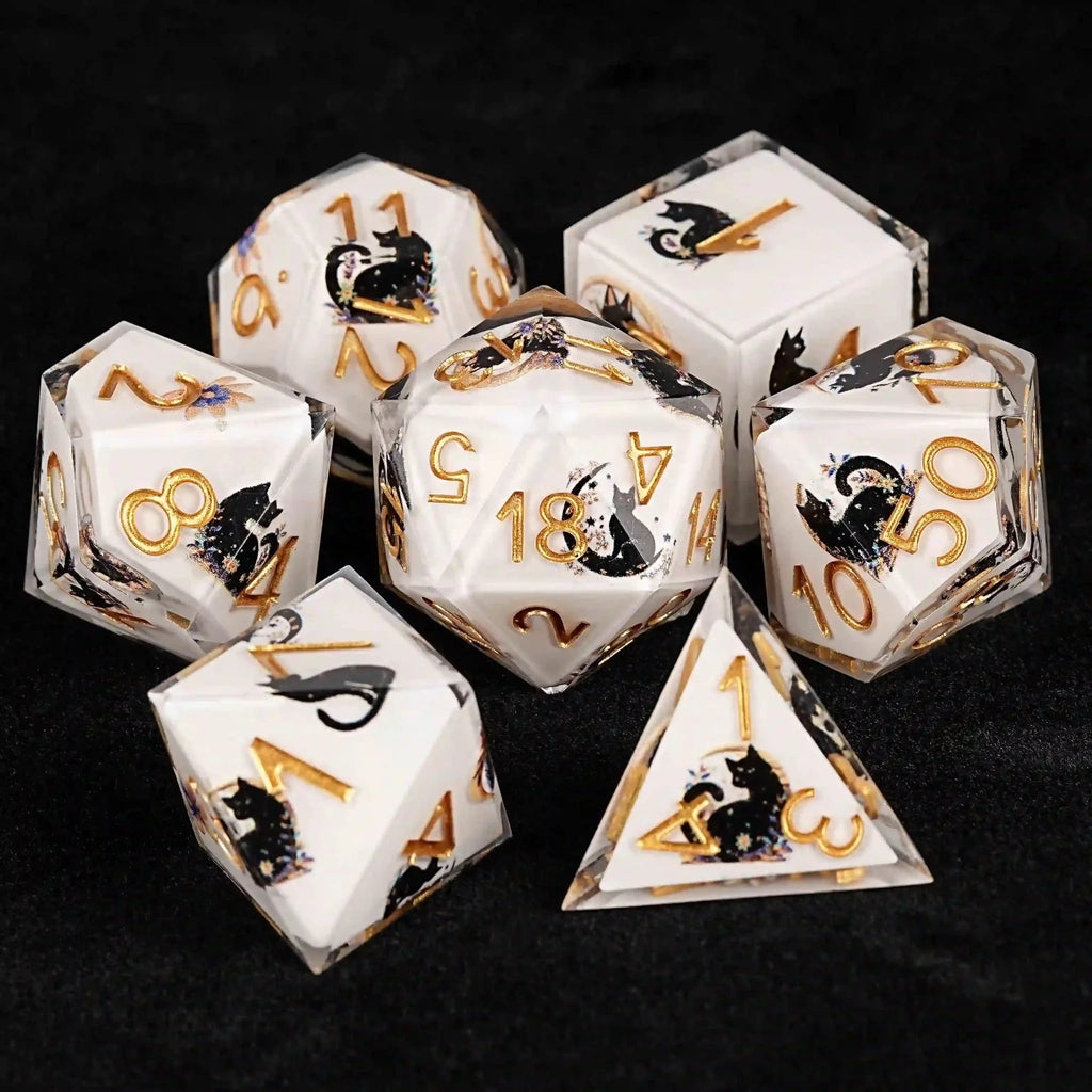 Moon Night Shadow Cat Guardian Unusual White Resin DnD Dice Set