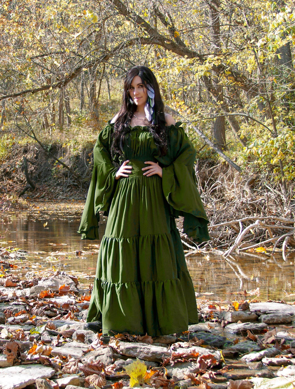 MYTHIC WOODLAND FAIRY Renaissance Medieval Smocked Sword Mistress Chemise - Olive