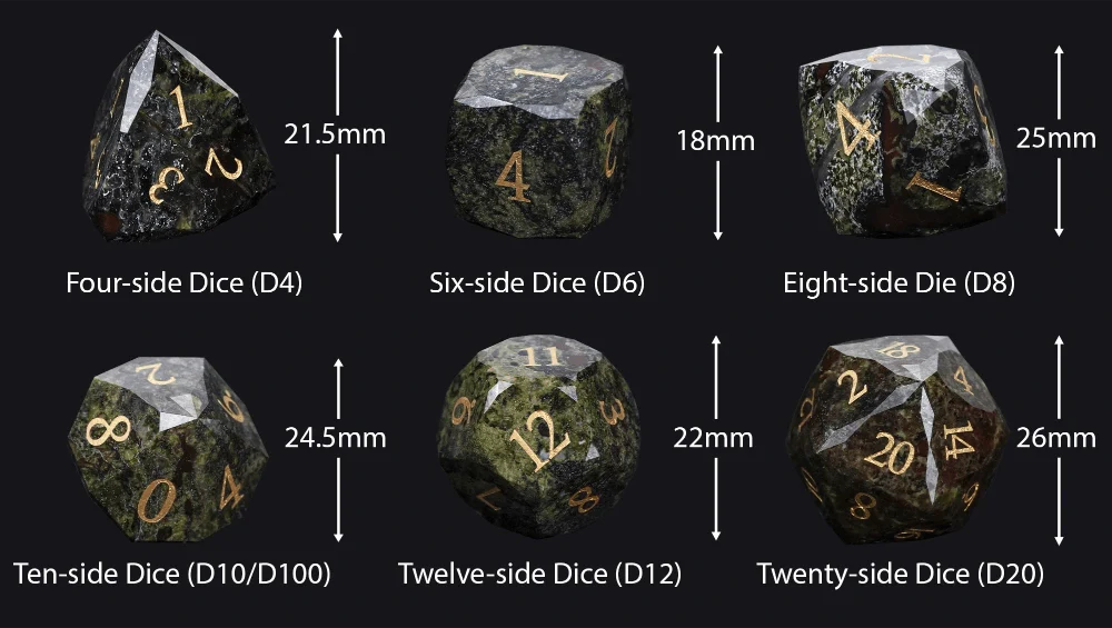 Natural Colored Ore Gemstone Dice Set | Diamond Cut Gold Engraving DND Board Game Dice