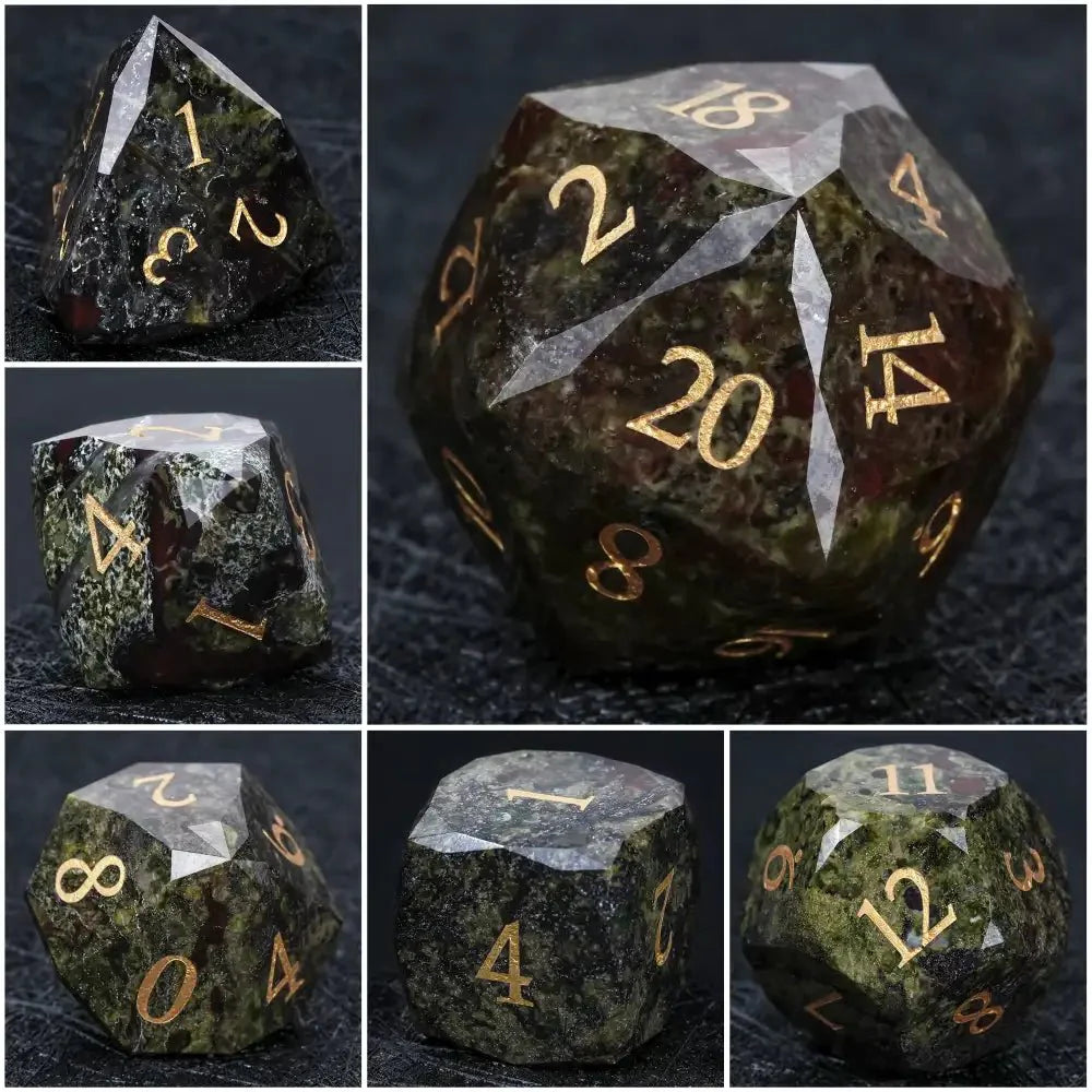 Natural Colored Ore Gemstone Dice Set | Diamond Cut Gold Engraving DND Board Game Dice