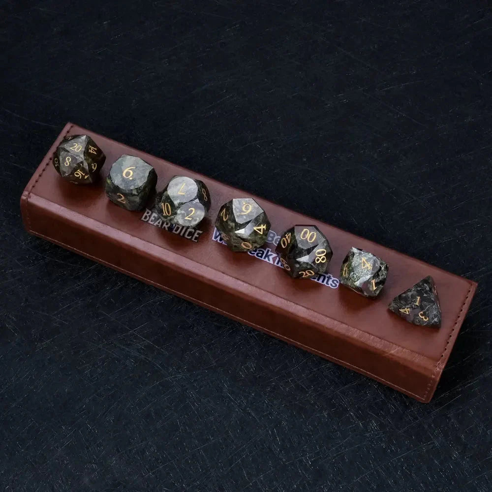 Natural Colored Ore Gemstone Dice Set | Diamond Cut Gold Engraving DND Board Game Dice