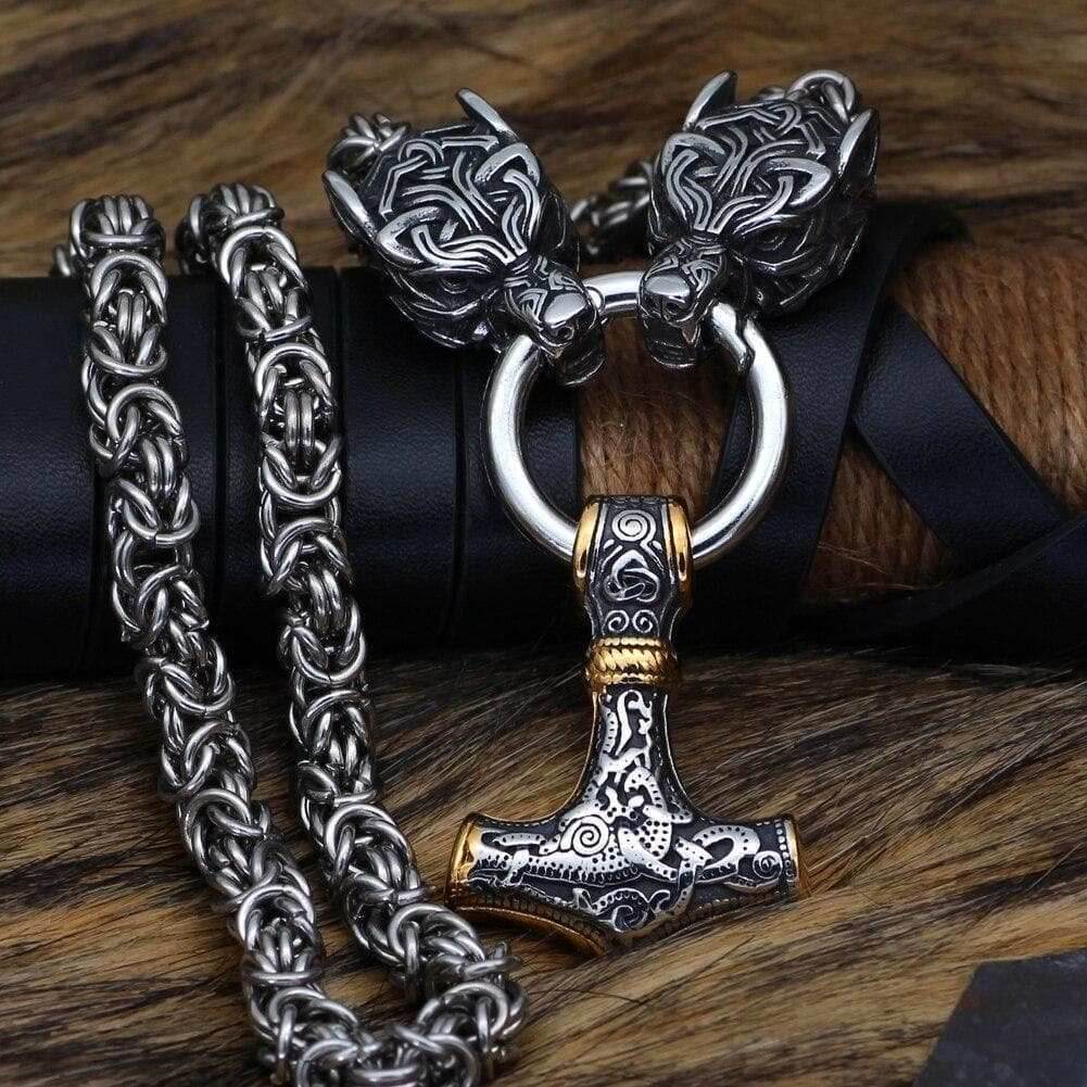 Vikings Wolf Hammer Massive Stainless Steel Chain - Silver with Gold Plated / 50 CM | 20 Inches