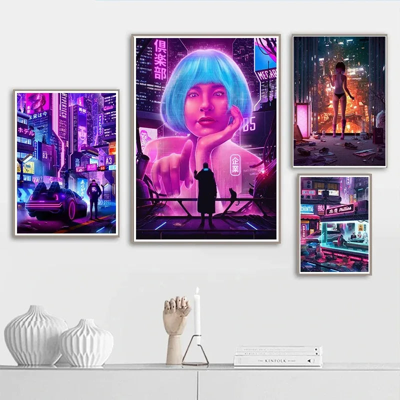 Neon Cyberpunk Dream Future City Poster Aesthetic Wall Art Anime Girl Car Canvas Print Home Decor Kawaii Gaming Room Decoration