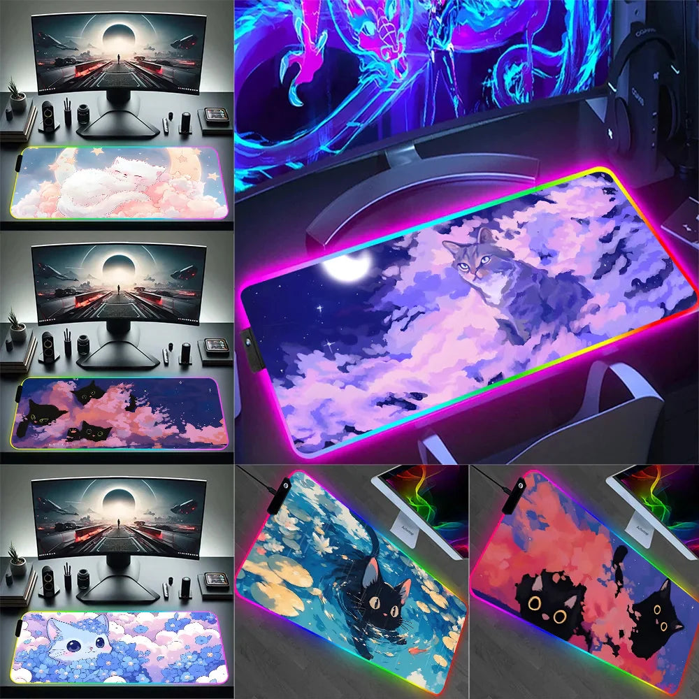 TOPTOY RGB black cat gaming mouse pad - XL LED Anti-Slip