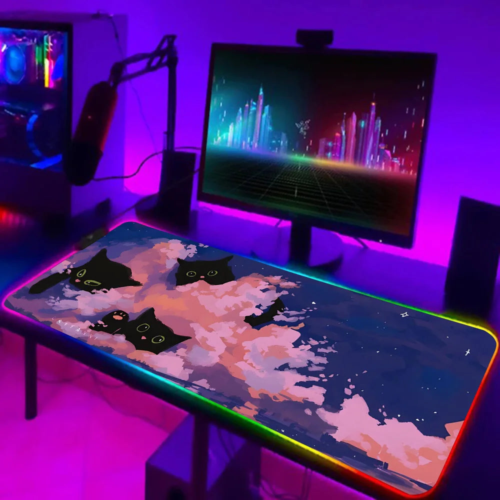 TOPTOY RGB black cat gaming mouse pad - XL LED Anti-Slip