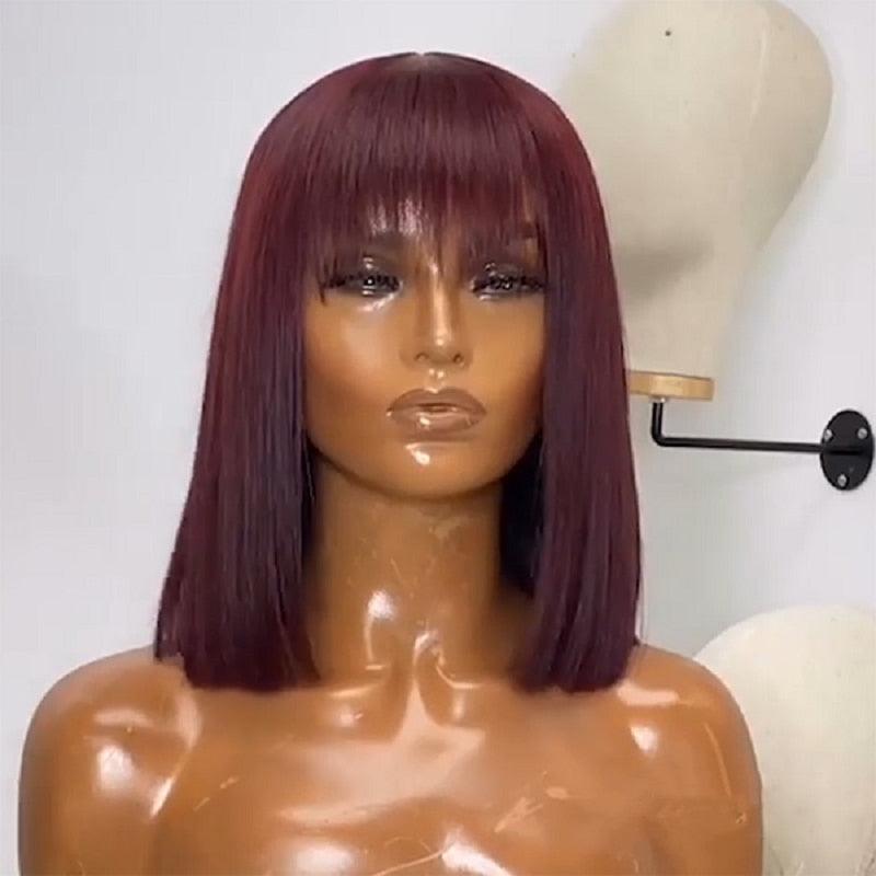 New Arrival Burgundy Red Short Human Hair Wig With Fringe for Women Straight Remy Hair Bob Wigs With Bangs Dark Brown Balayage Color Wigs For Cosplay