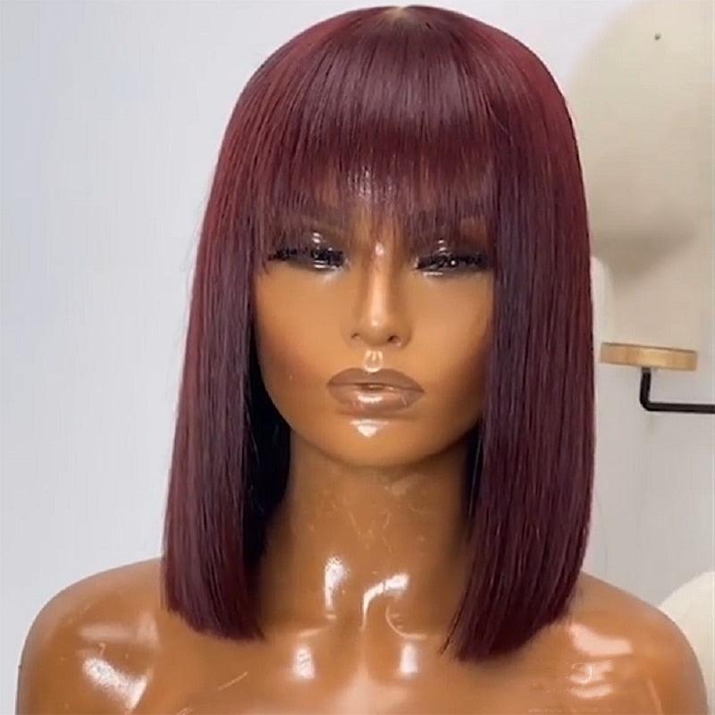 New Arrival Burgundy Red Short Human Hair Wig With Fringe for Women Straight Remy Hair Bob Wigs With Bangs Dark Brown Balayage Color Wigs For Cosplay