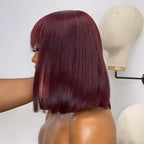 New Arrival Burgundy Red Short Human Hair Wig With Fringe for Women Straight Remy Hair Bob Wigs With Bangs Dark Brown Balayage Color Wigs For Cosplay