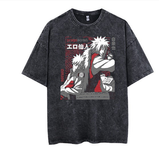 New distressed anime print street retro t-shirt street trendy round neck short sleeved t-shirt for men