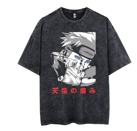 New distressed anime print street retro t-shirt street trendy round neck short sleeved t-shirt for men