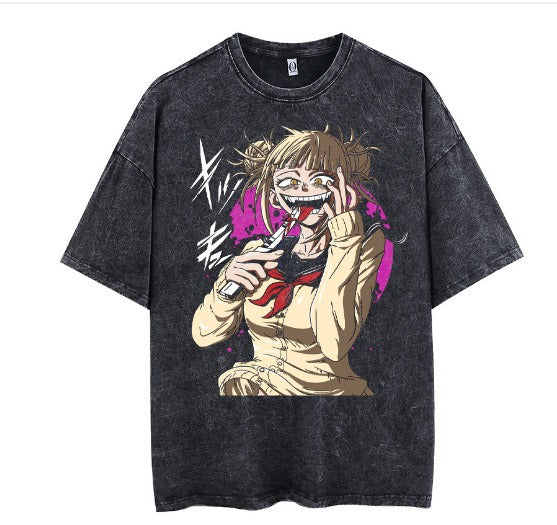 New distressed anime print street retro t-shirt street trendy round neck short sleeved t-shirt for men