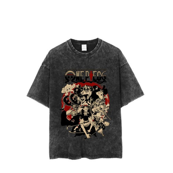 New distressed dark anime print street retro t-shirt street trendy round neck short sleeved t-shirt for men