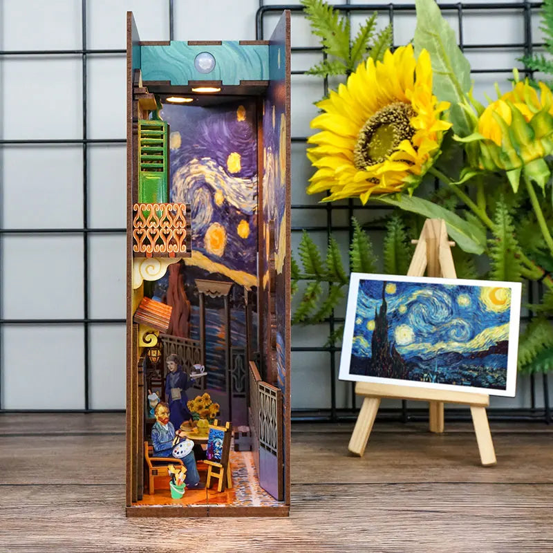 New DIY Book Nook Van Gogh's World Model Wooden Bookend Book Shelf Insert Bookcase With Light Kit Crafts Toy for Children Gifts