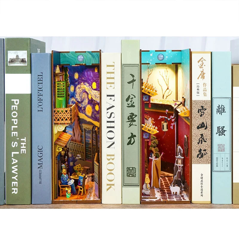 New DIY Book Nook Van Gogh's World Model Wooden Bookend Book Shelf Insert Bookcase With Light Kit Crafts Toy for Children Gifts