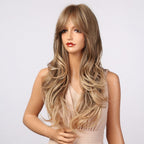 New Fashion Long Wavy Ombre Brown Highlight Wigs with Bangs Synthetic Natural Wig for Women Heat Resistant Cosplay Hair Wigs For Black Women Wigs For Cosplay