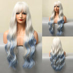 New Fashion Long Wavy Ombre Brown Highlight Wigs with Bangs Synthetic Natural Wig for Women Heat Resistant Cosplay Hair Wigs For Black Women Wigs For Cosplay