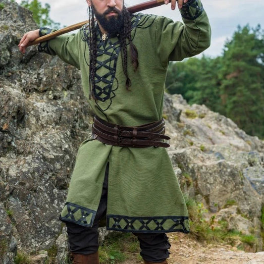 Viking Lord Tunic | Green with Leather Trim & Rivets