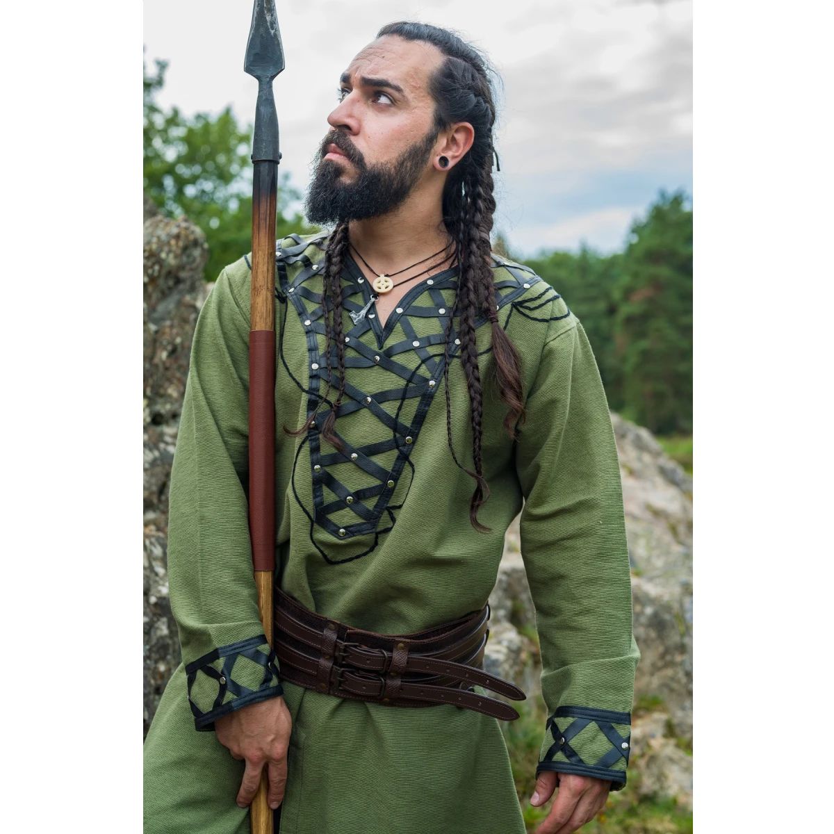 Tunique du Seigneur Viking | Vert avec garniture en cuir et rivets
