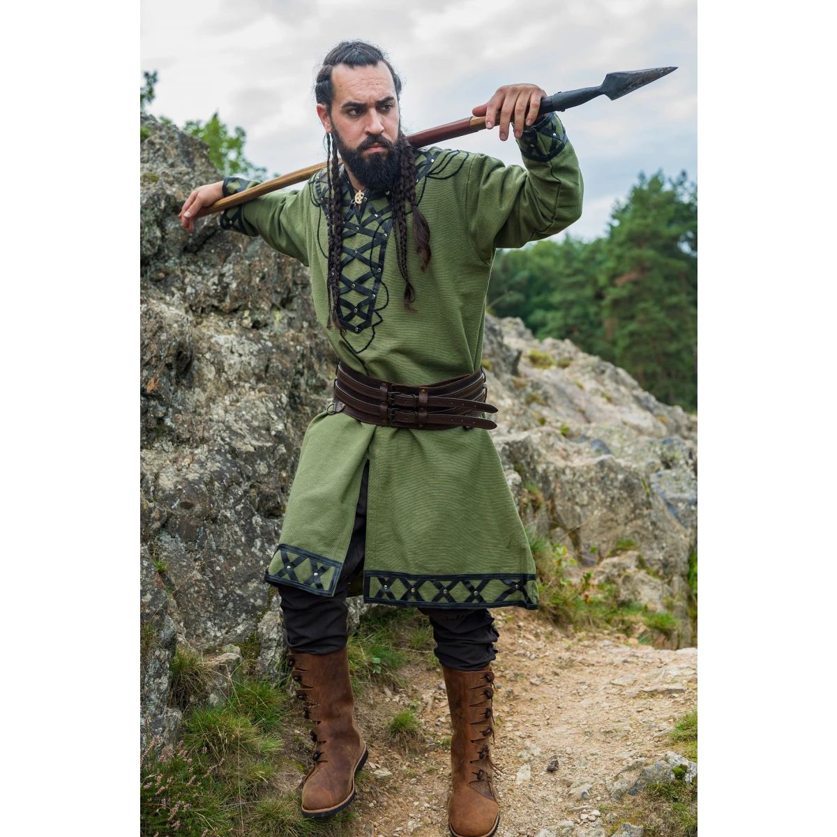 Tunique du Seigneur Viking | Vert avec garniture en cuir et rivets