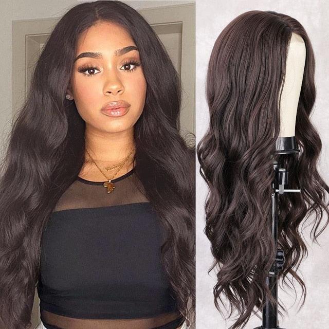 Long Body Wave Black Wig Synthetic Wigs for Black Women Middle Part Brown Red Pink Purple Cosplay Hair Wigs For Black Women Cosplay Wigs For Women