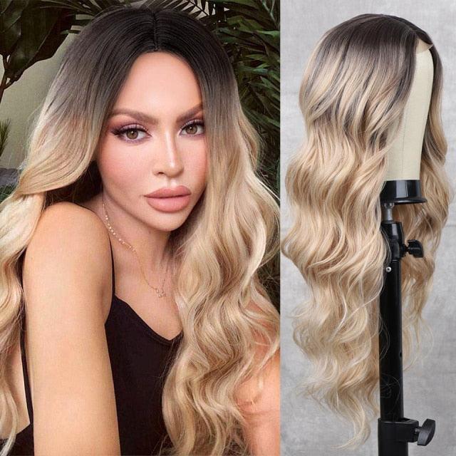 Long Body Wave Black Wig Synthetic Wigs for Black Women Middle Part Brown Red Pink Purple Cosplay Hair Wigs For Black Women Cosplay Wigs For Women