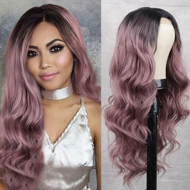 Long Body Wave Black Wig Synthetic Wigs for Black Women Middle Part Brown Red Pink Purple Cosplay Hair Wigs For Black Women Cosplay Wigs For Women