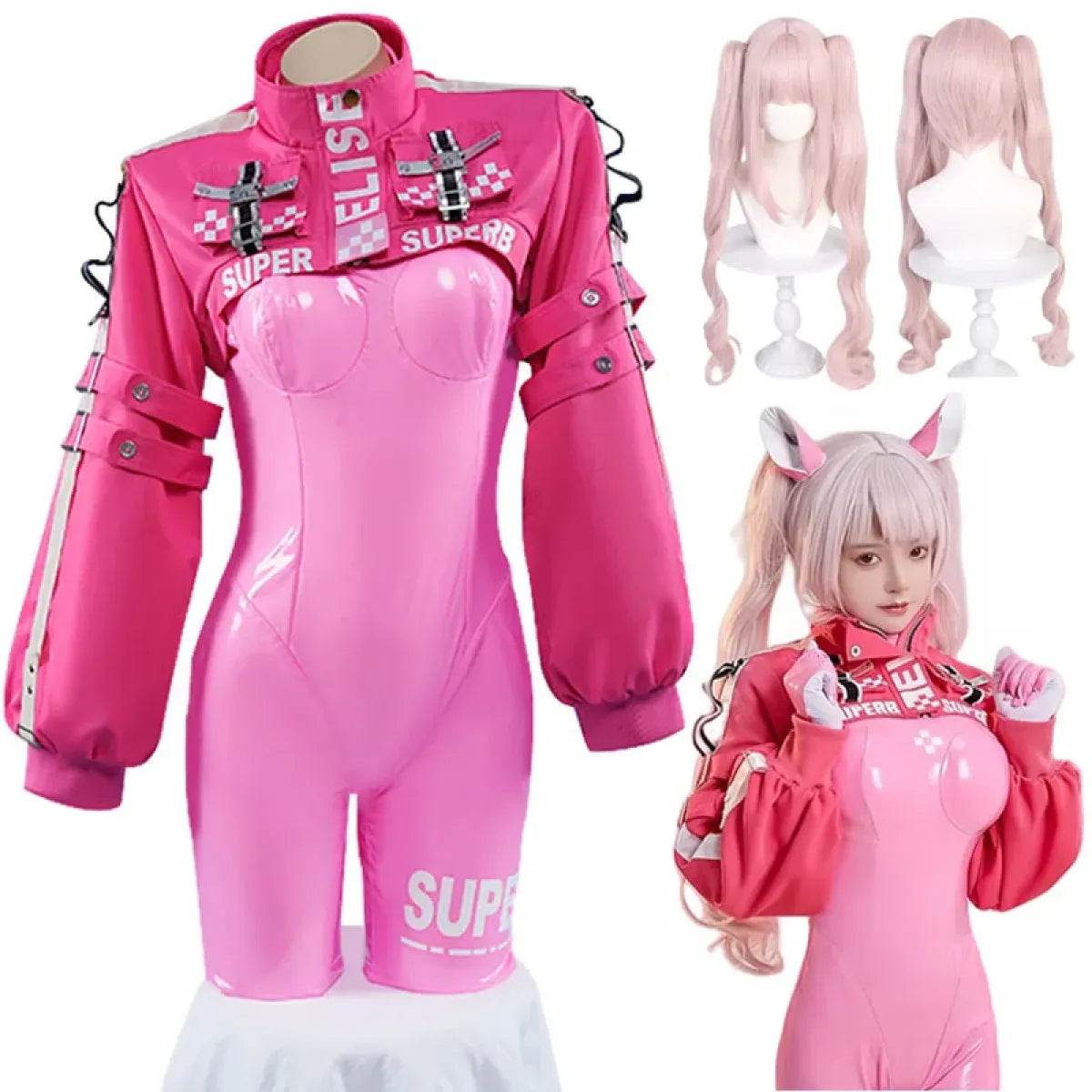 Nikki Alice Cosplay Costume – Pink Bodysuit, Jacket, Wig & Ears Set - Costume Only / S