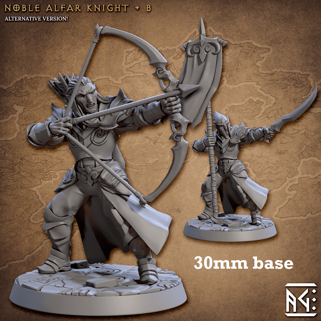 Noble Alfar Knight: Sculpt B (Male High Elf Ranger / Bannerman) - No Helmet / Bow (w/ Quiver on Back)