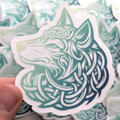Celtic Wolf Clear Sticker - Mystical Forest Guardian Vinyl Decal - Translucent Teal Nordic Tribal Wolf Art