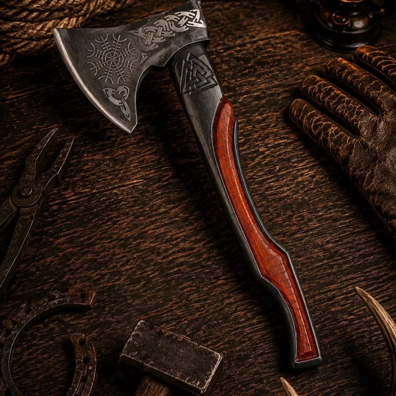 Norse Engraved Camping Axe – 1095 Carbon Steel & Rosewood Handle