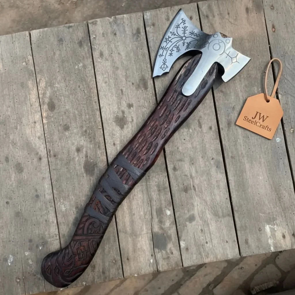 Hand Engraved Viking Double-Bit Axe with Carved Hardwood Handle and Norse Rune Detailing | Handmade Damascus Steel Collector Axe | JW SteelCrafts