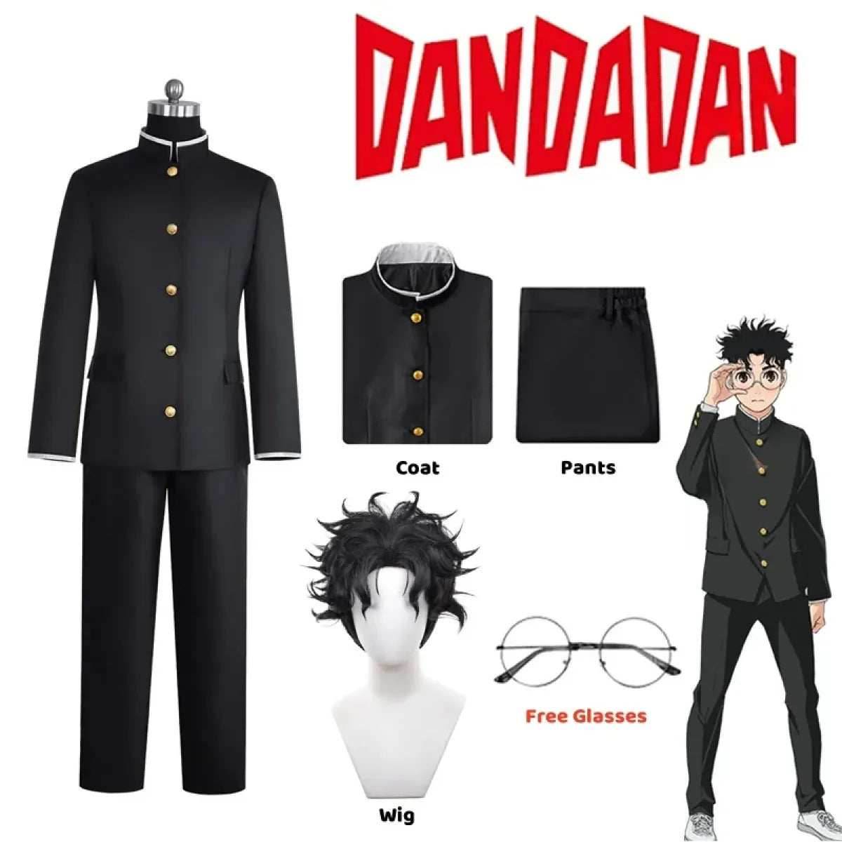 Ken Takakura Cosplay Costume – Dandadan School Uniform with Glasses - S / Costume Glasses Wig