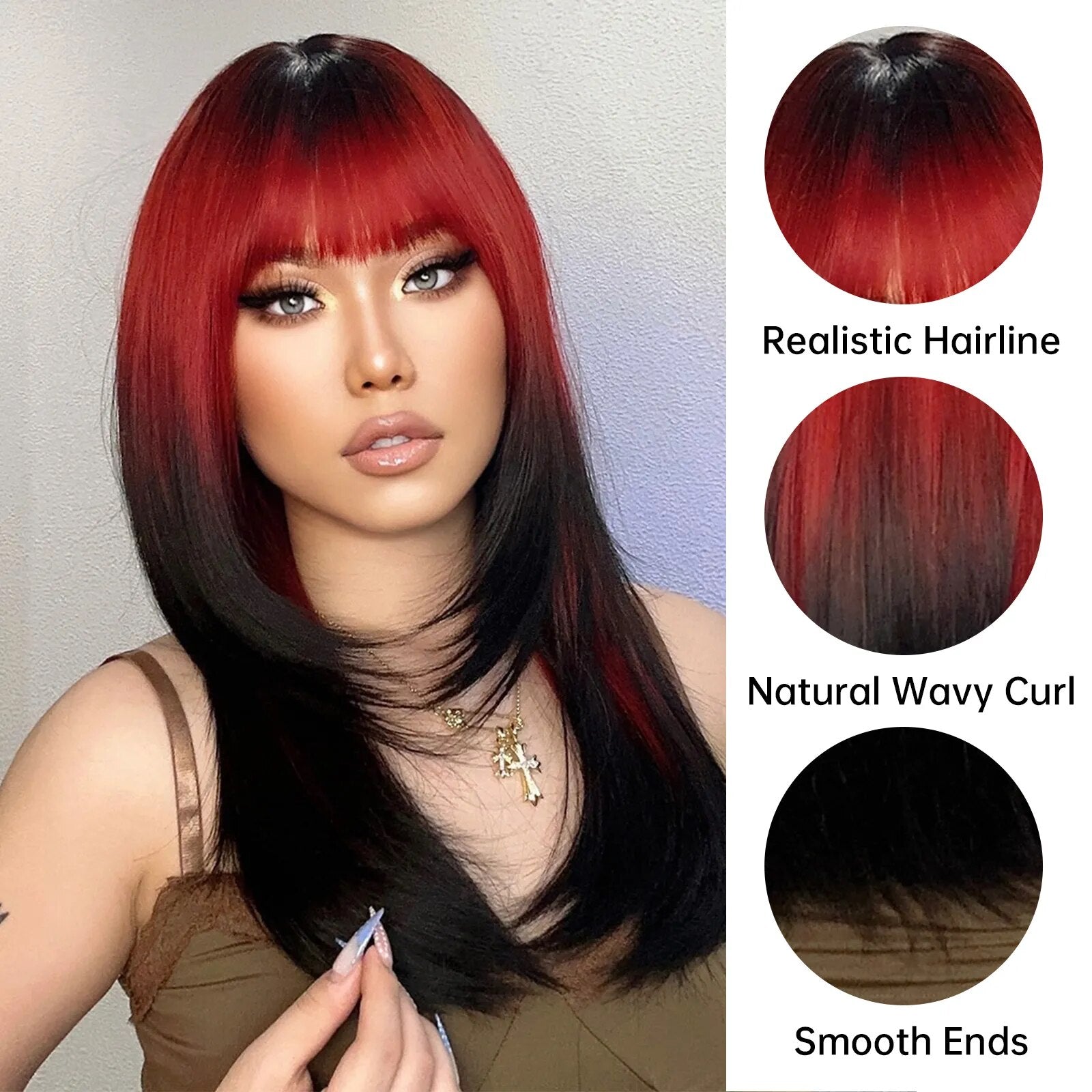 Ombre Red to Black Synthetic Wigs with Bangs Long Straight Layered Wig Colored Party Heat Resistant Hair for Women