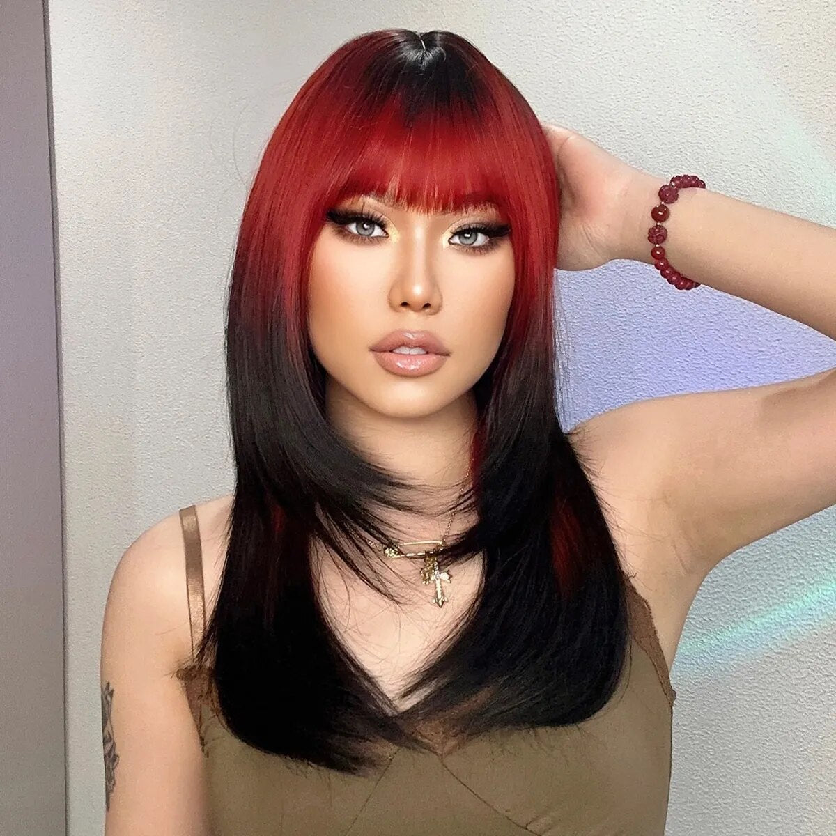 Ombre Red to Black Synthetic Wigs with Bangs Long Straight Layered Wig Colored Party Heat Resistant Hair for Women