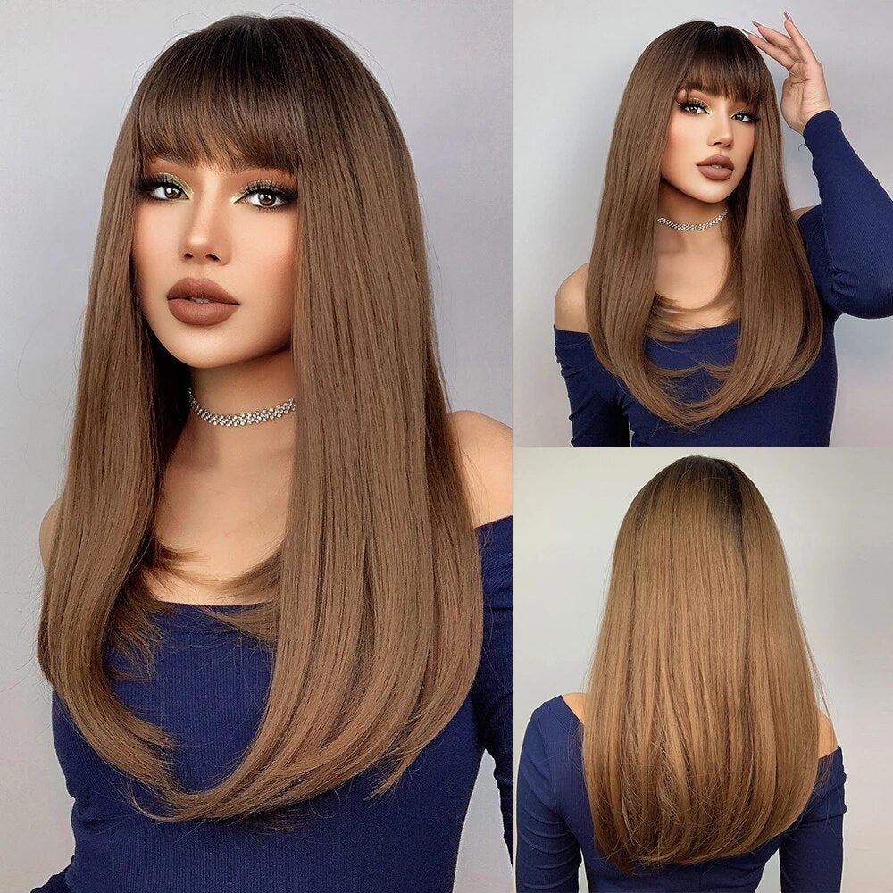 Ombre Red to Black Synthetic Wigs with Bangs Long Straight Layered Wig Colored Party Heat Resistant Hair for Women